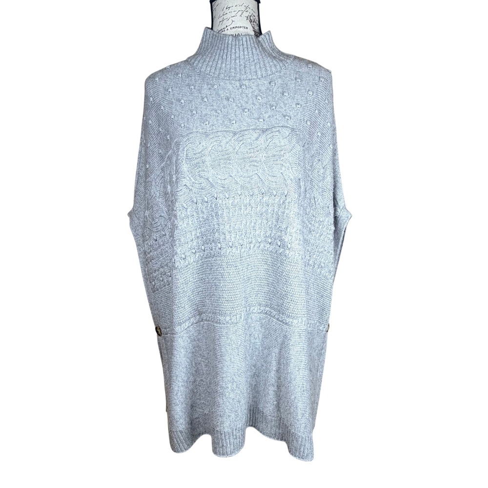 Talbots Poncho Sweater Womens M Gray Cable Knit Mock‎ Neck Oversized Cottagcore